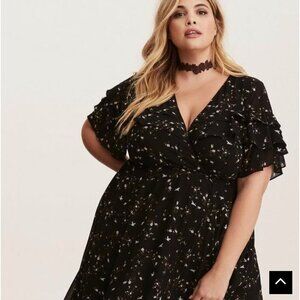 TORRID Black Floral Print Chiffon Ruffles Wrap Dress Size 0/12